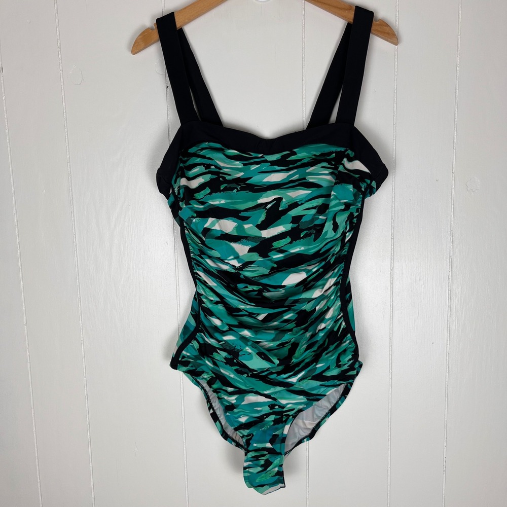INC One Piece Swimsuit 1X Ruched Padded Abstract Teal Y2K Vacation Resort Retro